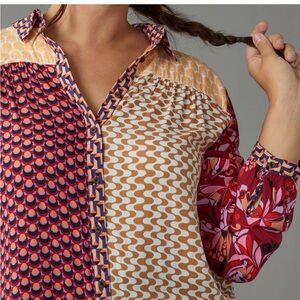 Anthropologie Blue Pink Graphic Button Down Shirt